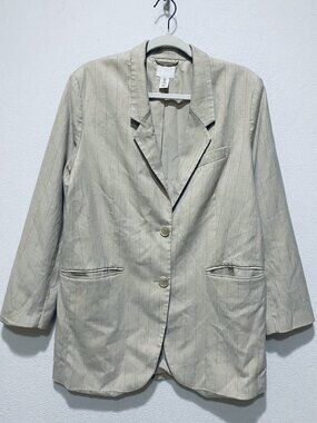 H and M Blazer Womens Medium Beige Pinstripe Longline Quiet Luxury Work Career